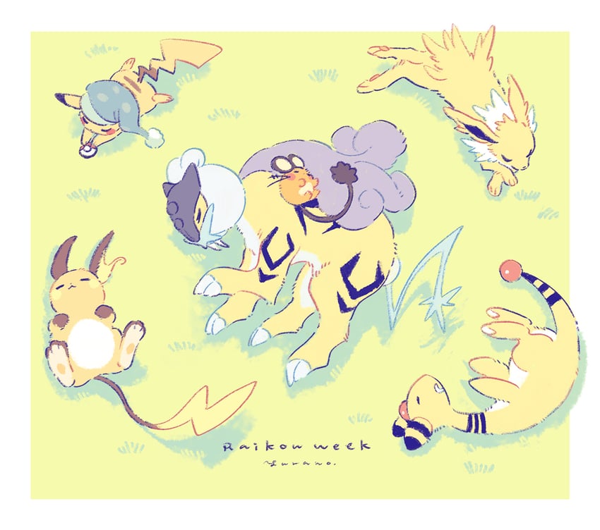 pikachu, jolteon, dedenne, ampharos, and raikou (pokemon) drawn by yurano_(upao)