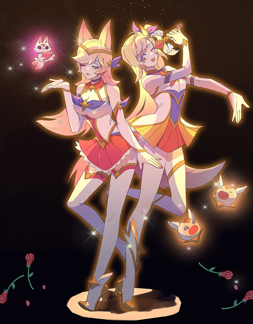 ahri, seraphine, star guardian ahri, star guardian seraphine, kiko, and 2 more (league of legends) drawn by hyuko_wong