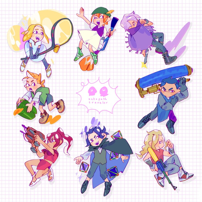 inkling player character, octoling player character, octoling girl, therion, tressa colzione, and 6 more (splatoon and 2 more) drawn by borketto