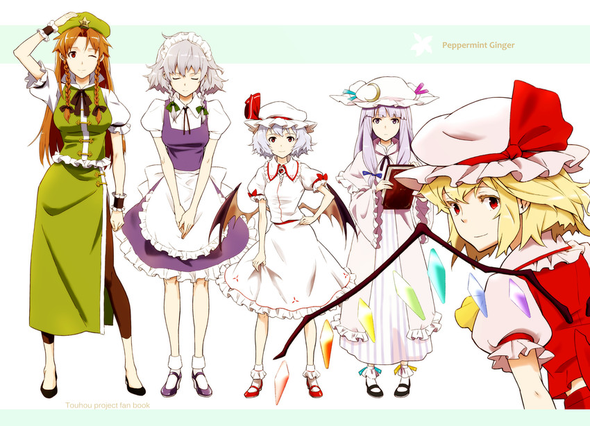 remilia scarlet, flandre scarlet, izayoi sakuya, patchouli knowledge, and hong meiling (touhou) drawn by hasegawa_keita