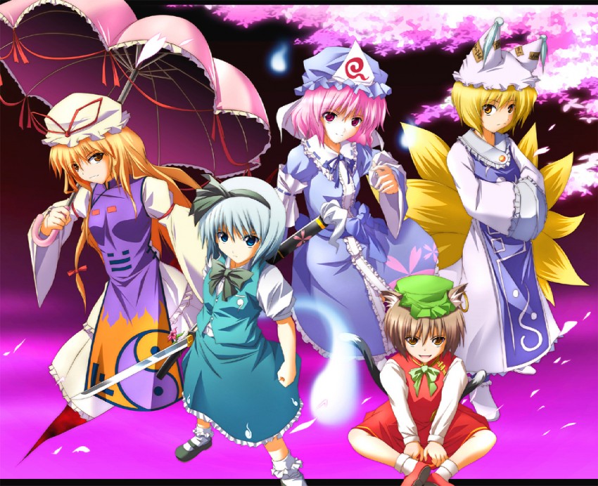 konpaku youmu, yakumo yukari, saigyouji yuyuko, yakumo ran, and chen (touhou) drawn by zb_(dawn-blue)
