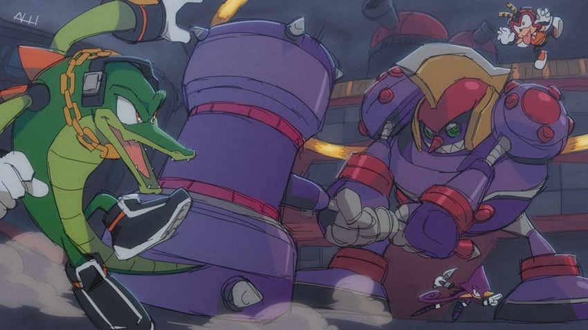 espio the chameleon, vector the crocodile, charmy bee, heavy-egg hammer, and egg hammer (sonic and 1 more) drawn by virtanderson
