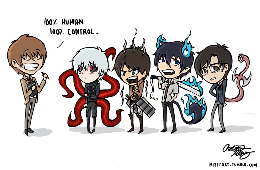 eren yeager, kaneki ken, yagami light, okumura rin, migi, and 1 more (shingeki no kyojin and 4 more) drawn by moseyart