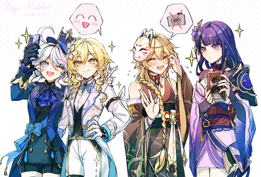 lumine, raiden shogun, aether, and furina (genshin impact) drawn by magicrabbit49586