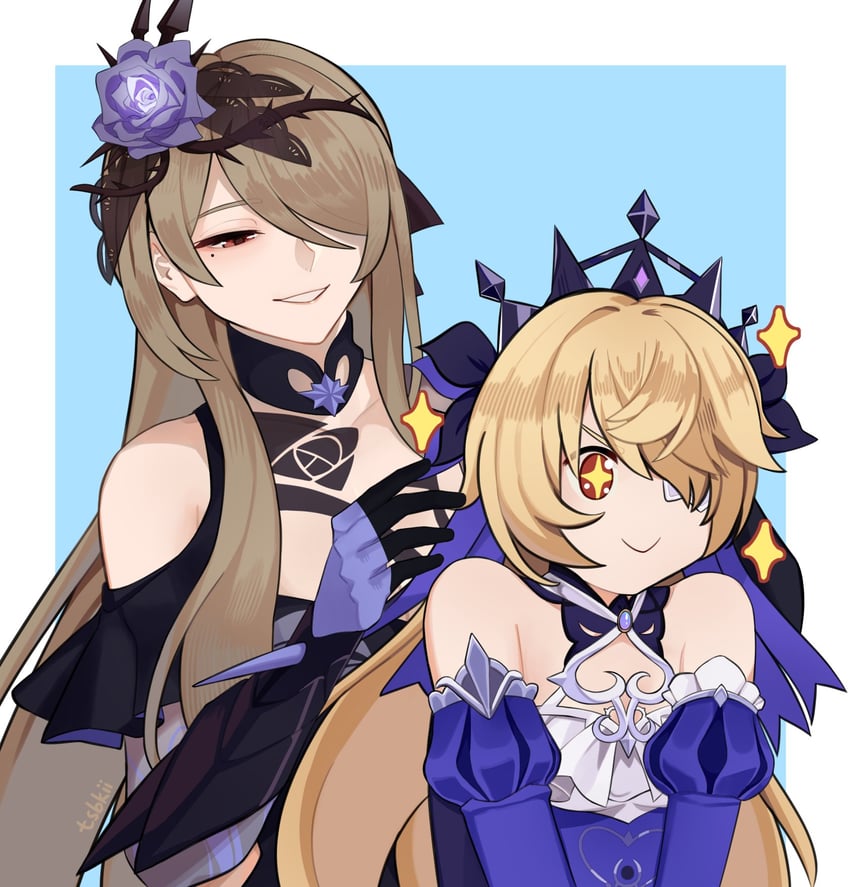 rita rossweisse and fischl (genshin impact and 3 more) drawn by tsbkii_289