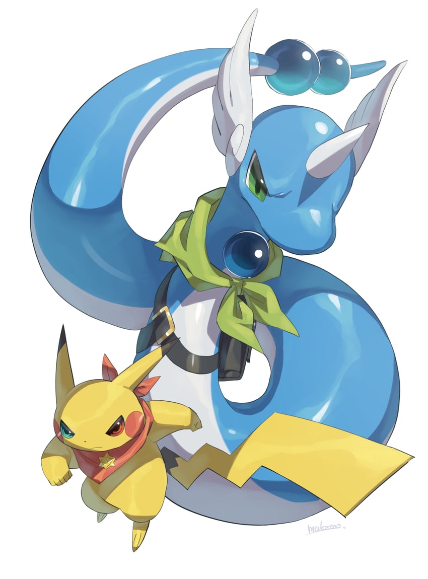 pikachu and dragonair (pokemon and 1 more) drawn by makoto_ikemu