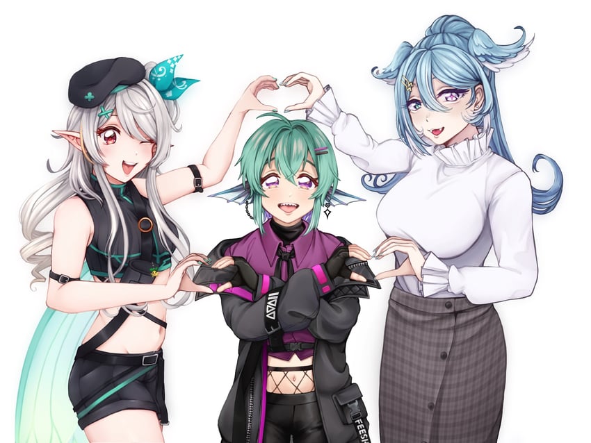 elira pendora, pomu rainpuff, and finana ryugu (nijisanji and 1 more) drawn by aphlissi