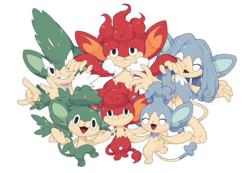pansage, panpour, pansear, simipour, simisear, and 1 more (pokemon) drawn by angel_(sunnyknights)