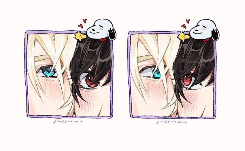 tifa lockhart, cloud strife, snoopy, and woodstock (final fantasy and 3 more) drawn by yuffieski