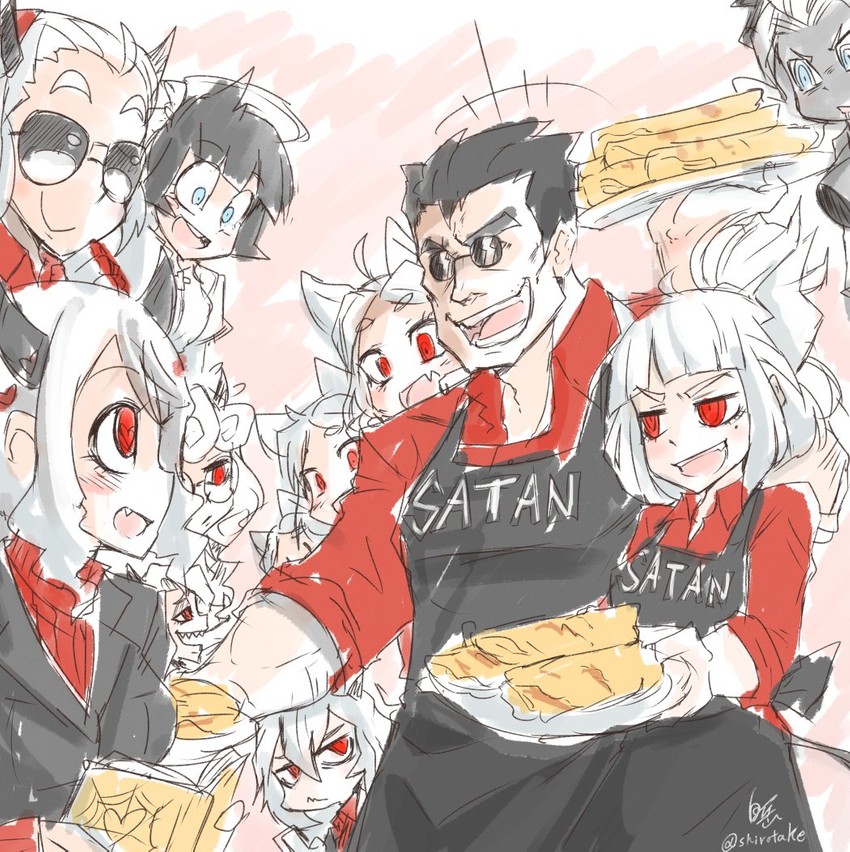 lucifer, modeus, justice, helltaker, cerberus, and 5 more (helltaker) drawn by shirotake_jinan