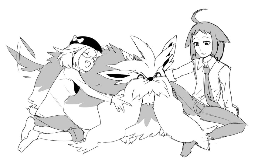 bianca, cheren, and stoutland (pokemon and 1 more) drawn by vousser