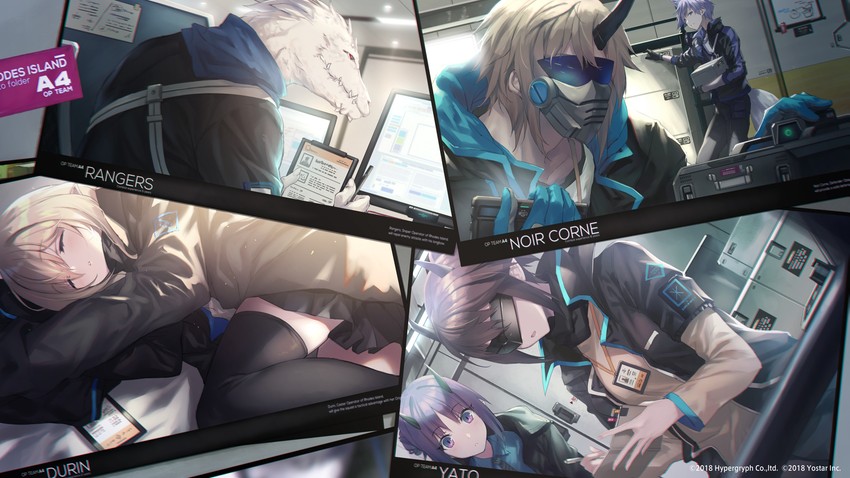 hibiscus, yato, durin, steward, noir corne, and 1 more (arknights) drawn by fukai_ryosuke