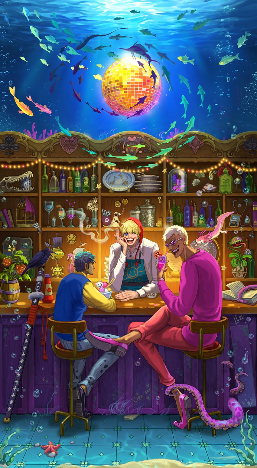 trafalgar law, donquixote doflamingo, donquixote rocinante, and den den mushi (one piece) drawn by li-louie