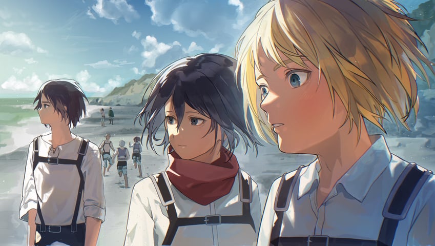 mikasa ackerman, eren yeager, levi, armin arlert, hange zoe, and 3 more (shingeki no kyojin) drawn by shirushi_06