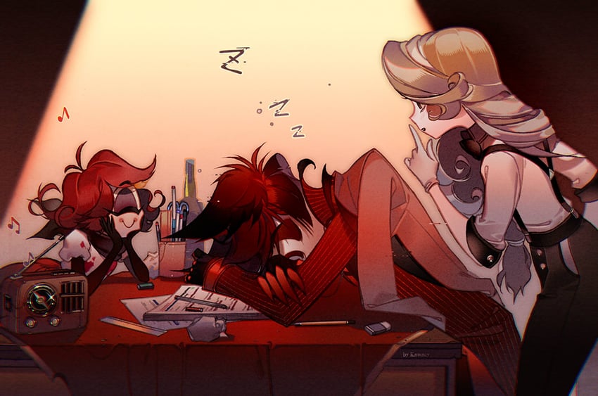 charlie morningstar, alastor, and niffty (hazbin hotel) drawn by kawacy