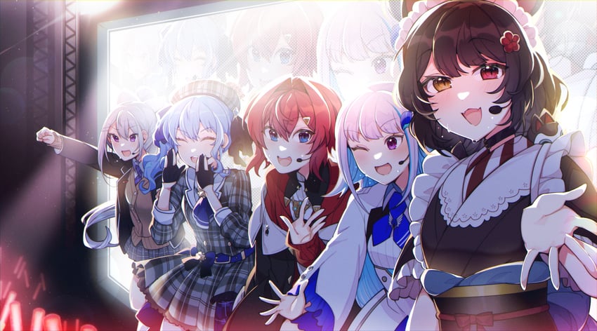 hoshimachi suisei, lize helesta, ange katrina, higuchi kaede, and inui toko (hololive and 1 more) drawn by mitsumine_(ookami_no_oyashiro)