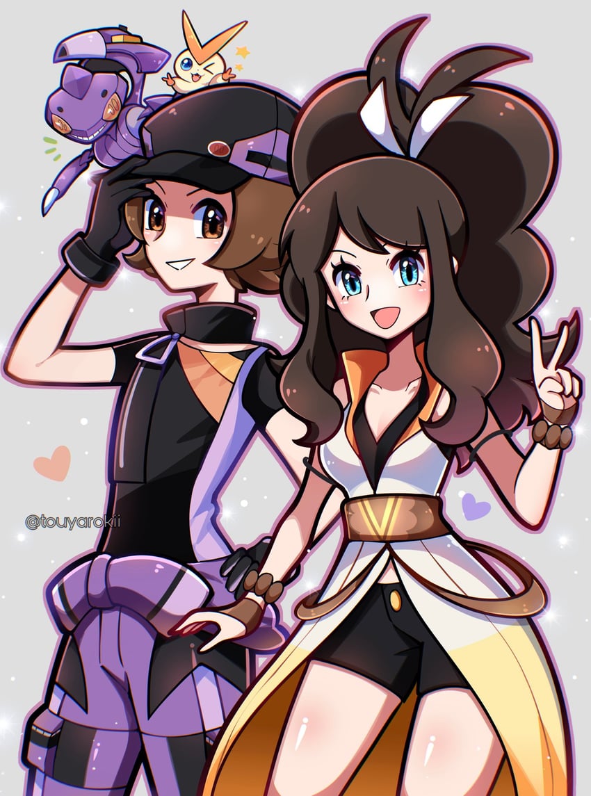 hilda, hilbert, victini, and genesect (pokemon and 1 more) drawn by touyarokii