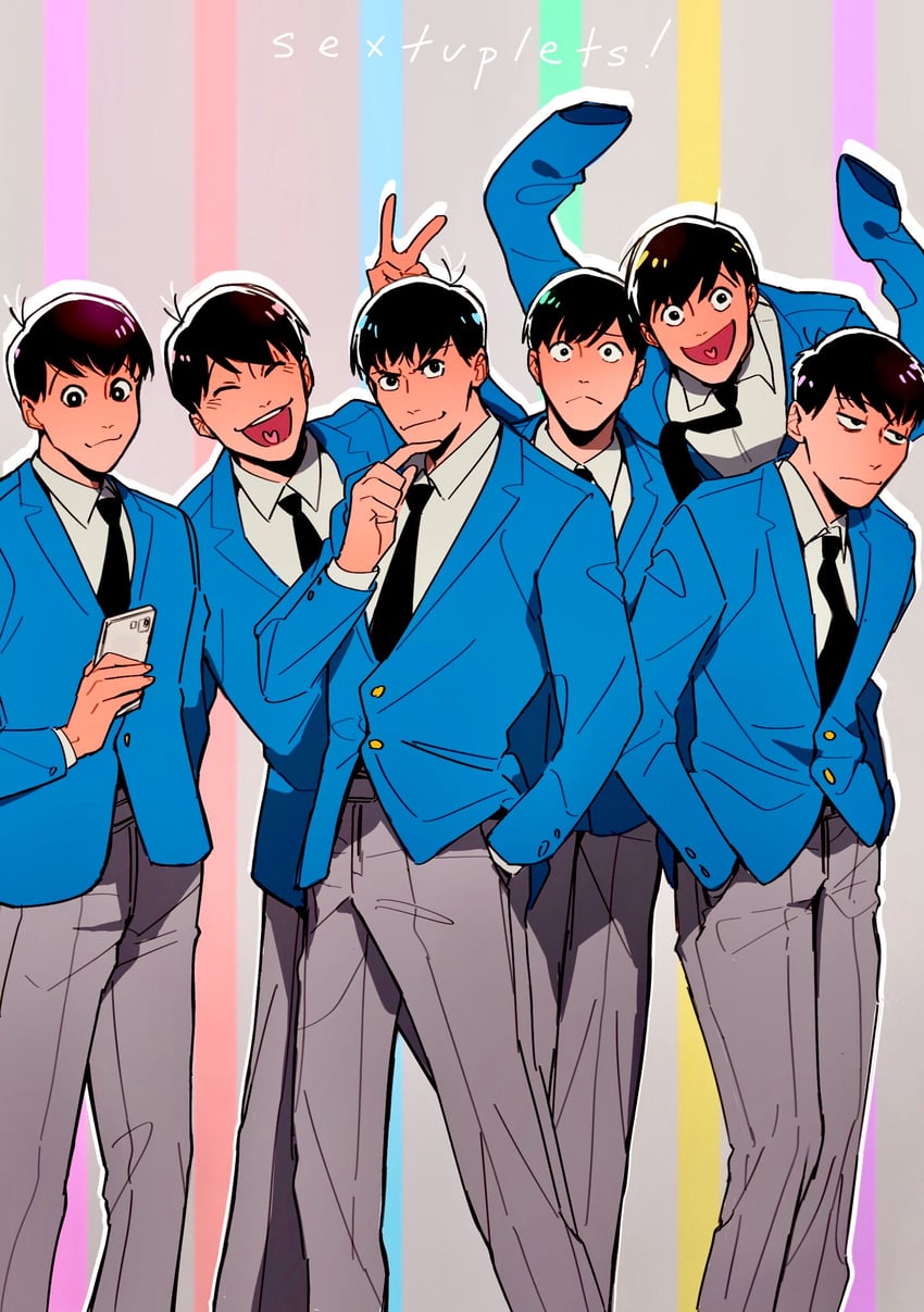matsuno osomatsu, matsuno karamatsu, matsuno ichimatsu, matsuno jyushimatsu, matsuno choromatsu, and 1 more (osomatsu and 1 more) drawn by maririnbo