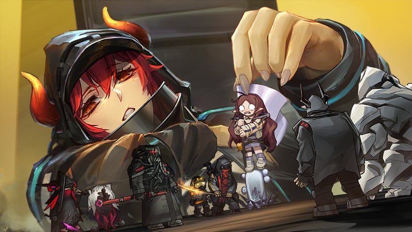 doctor, myrtle, dola, hateful avenger, mudrock colossus, and 5 more (arknights and 1 more) drawn by kuro_dora