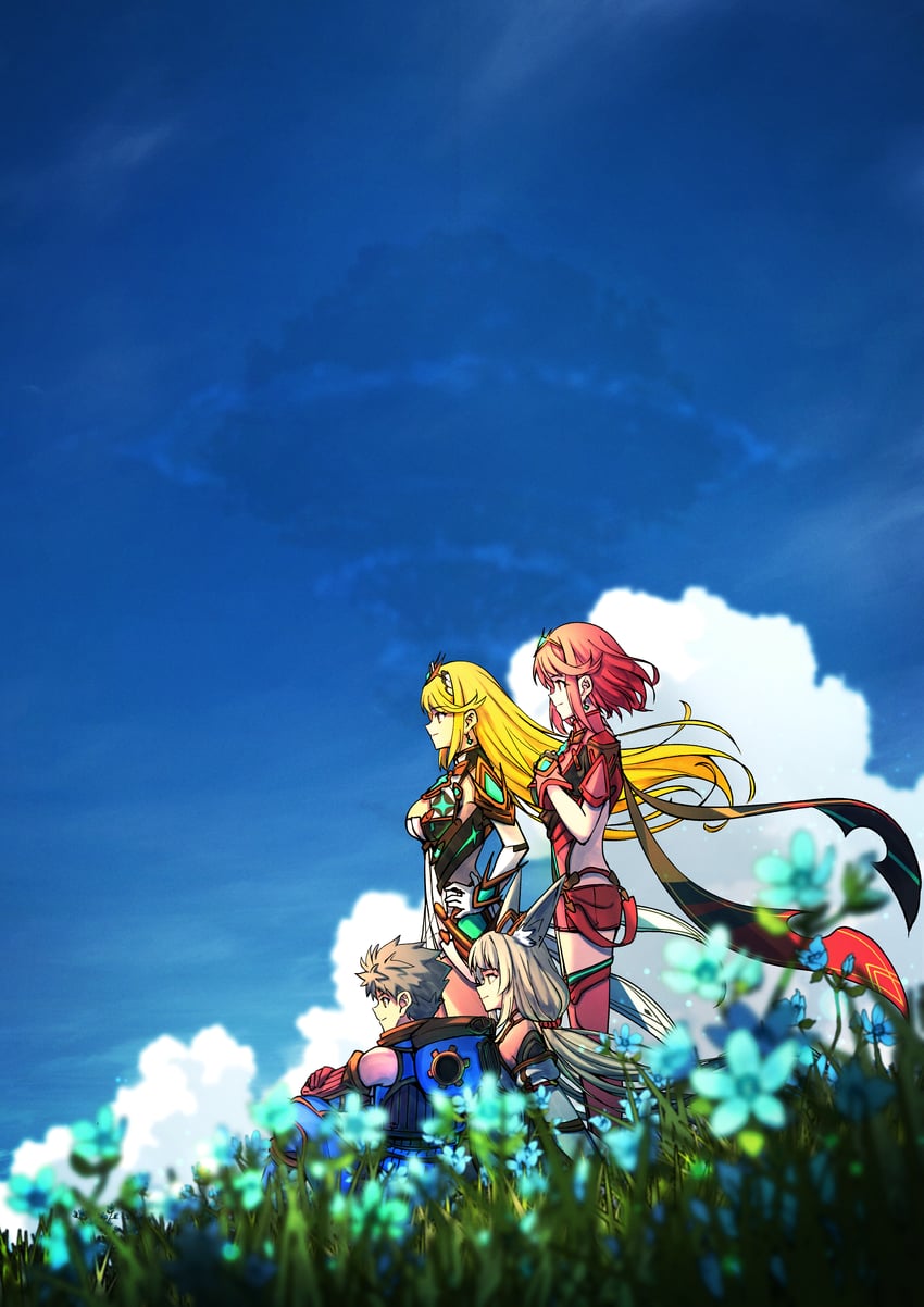 pyra, mythra, rex, and nia (xenoblade chronicles and 1 more) drawn by poteto_(potetosarada123)