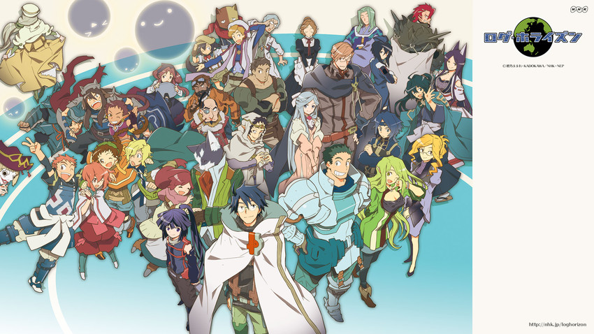 akatsuki, shiroe, isuzu, nyanta, minori, and 22 more (log horizon) drawn by hara_kazuhiro