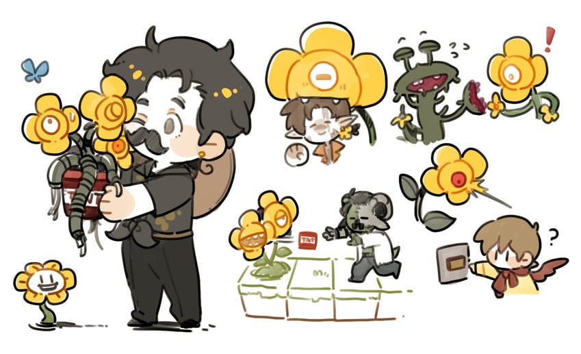 flowey, grian, goodtimeswithscar, mumbo jumbo, and docm77 (undertale and 4 more) drawn by luminous_slime