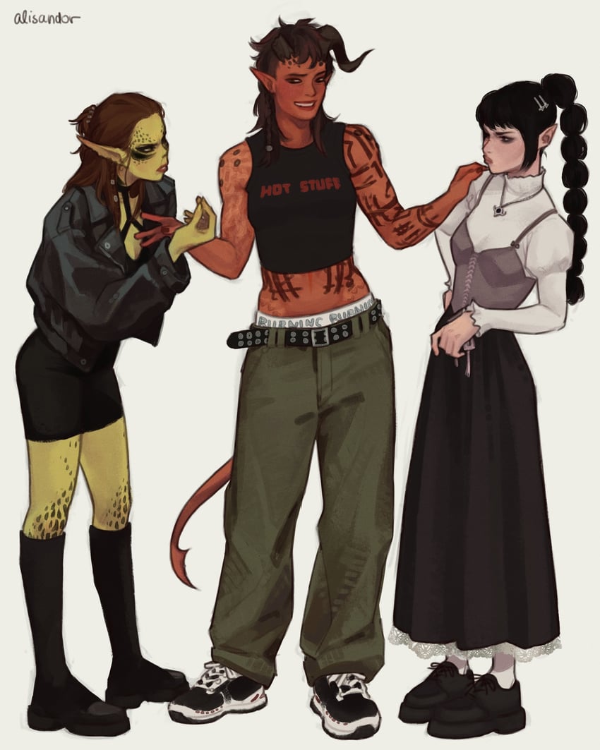 shadowheart, karlach, and lae'zel (dungeons & dragons and 2 more) drawn by alisandor