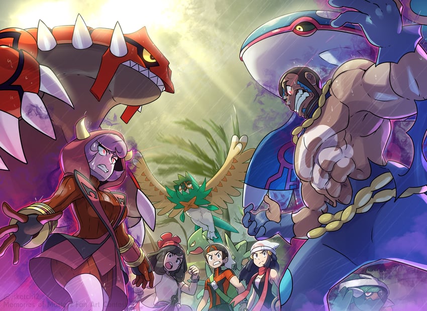 dawn, selene, brendan, courtney, kyogre, and 5 more (pokemon and 4 more) drawn by juno_son