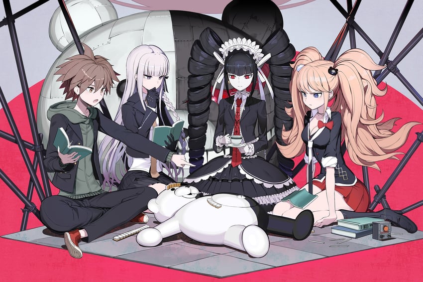 kirigiri kyoko, enoshima junko, monokuma, naegi makoto, and celestia ludenberg (danganronpa and 2 more) drawn by panko_(drive_co)
