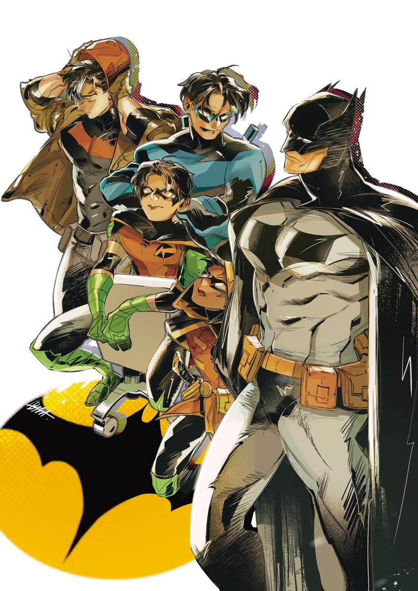 batman, robin, bruce wayne, dick grayson, jason todd, and 4 more (dc comics and 1 more) drawn by tokitokororo