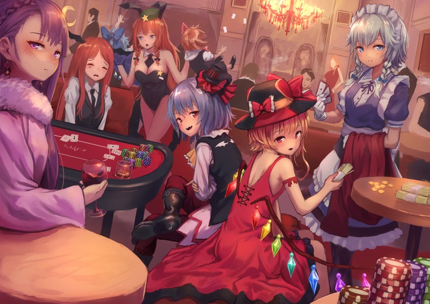 remilia scarlet, flandre scarlet, izayoi sakuya, cirno, patchouli knowledge, and 3 more (touhou and 1 more) drawn by roke_(taikodon)