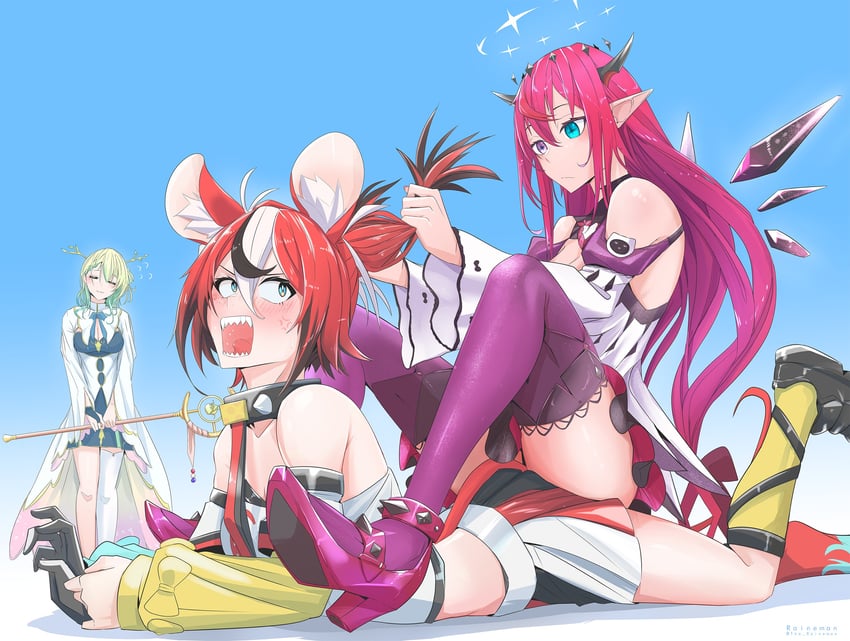 hakos baelz, ceres fauna, and irys (hololive and 2 more) drawn by the_raineman
