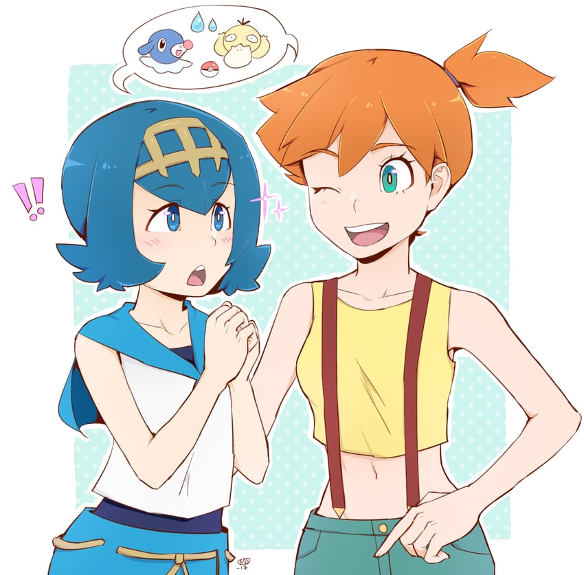 misty, lana, popplio, and psyduck (pokemon and 1 more) drawn by milka_(milk4ppl)