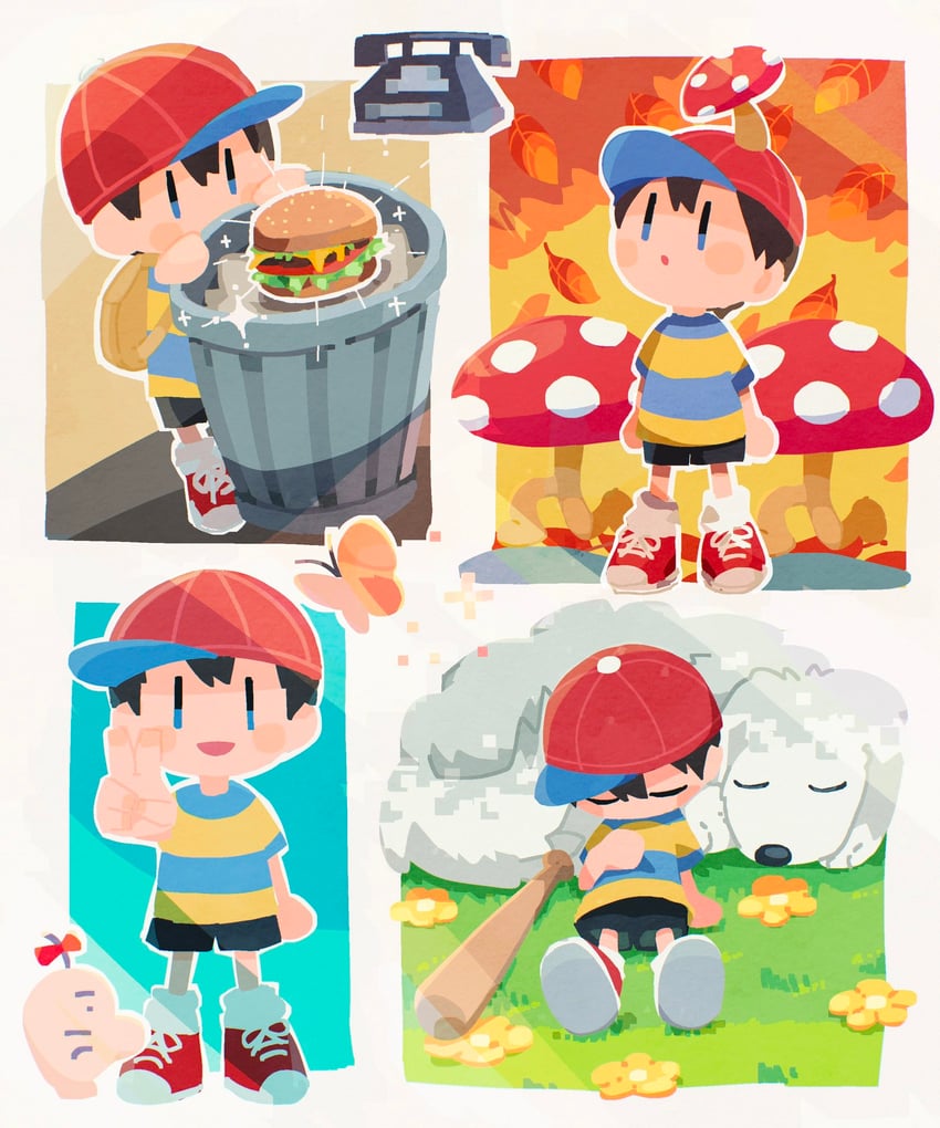 ness, doseisan, ramblin' evil mushroom, king, and ness's father (mother and 1 more) drawn by soresaki