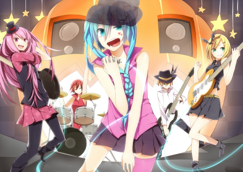 hatsune miku, kagamine rin, kagamine len, megurine luka, and meiko (vocaloid) drawn by panda_(pandadesu)