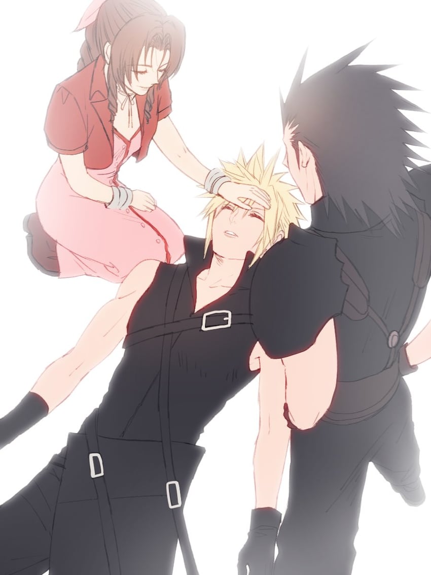cloud strife, aerith gainsborough, and zack fair (final fantasy and 2 more) drawn by ah_yoshimizu