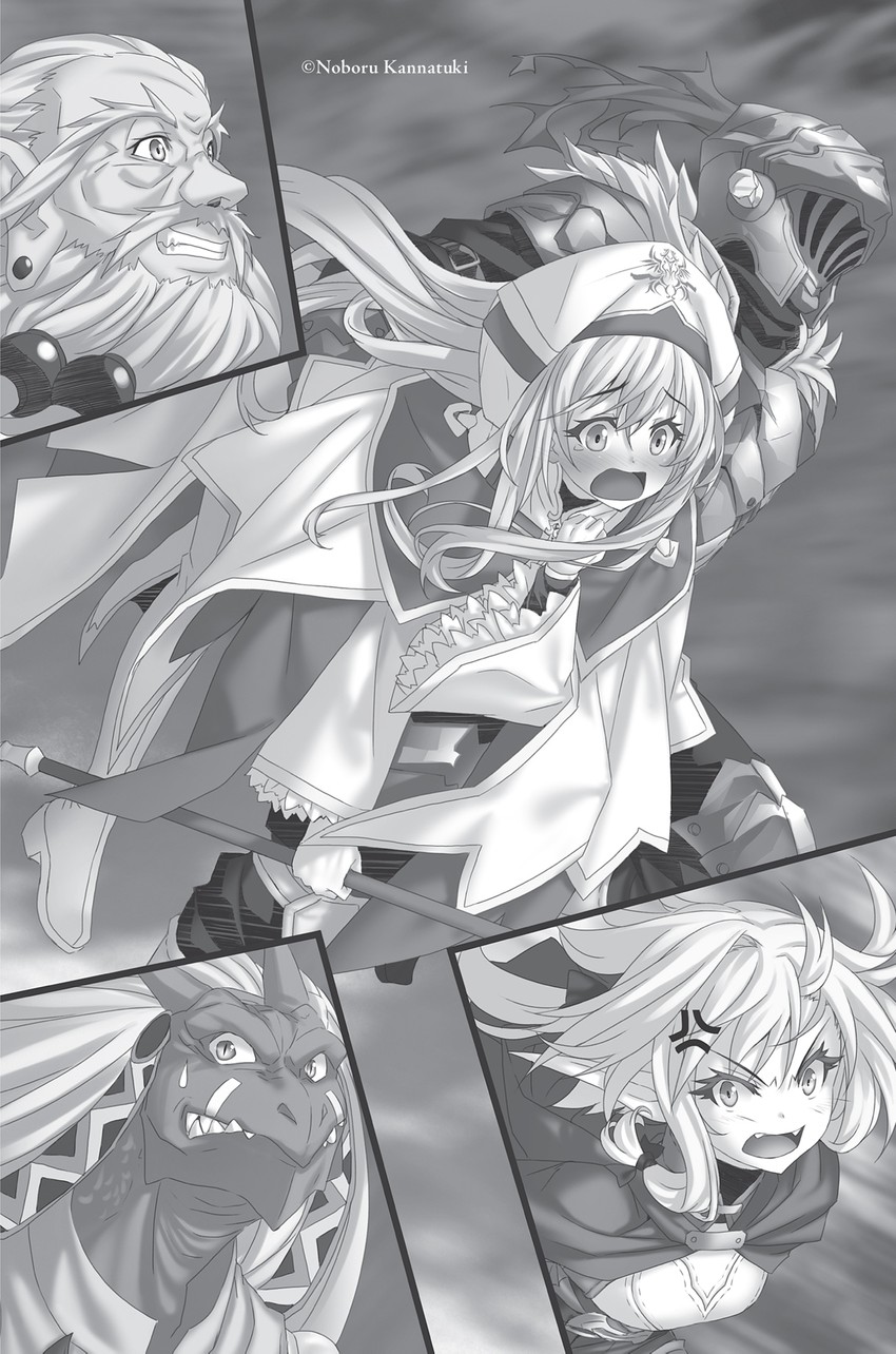 priestess, high elf archer, goblin slayer, lizard priest, and dwarf shaman (goblin slayer!) drawn by kannatsuki_noboru