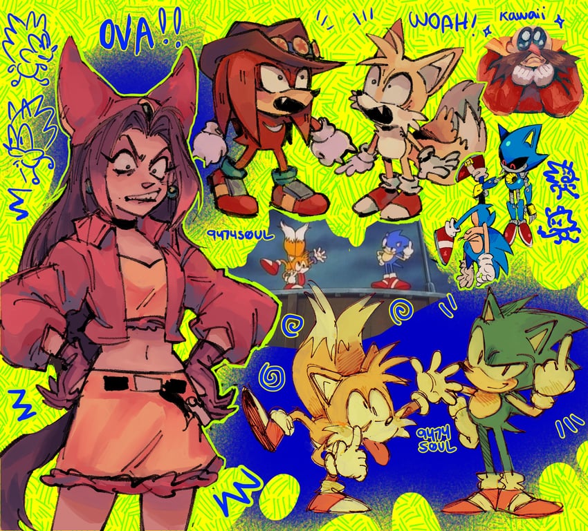 sonic the hedgehog, tails, knuckles the echidna, dr. eggman, metal sonic, and 6 more (sonic and 1 more) drawn by 9474s0ul
