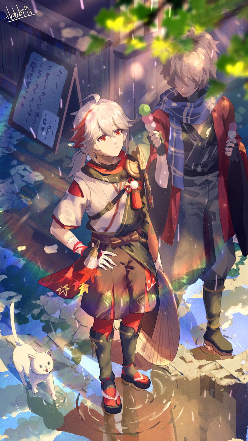kaedehara kazuha and kazuha's friend (genshin impact) drawn by hebbtia