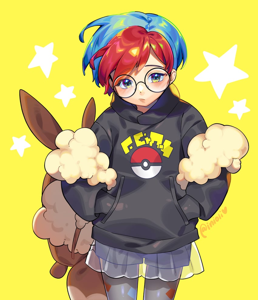 eevee and penny (pokemon and 1 more) drawn by inioli