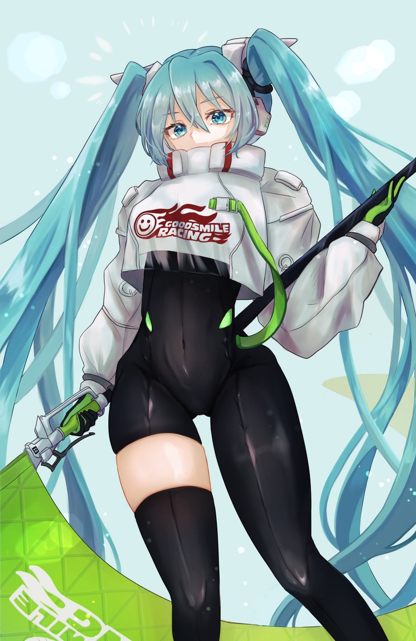 hatsune miku and racing miku (vocaloid and 1 more) drawn by l.shu