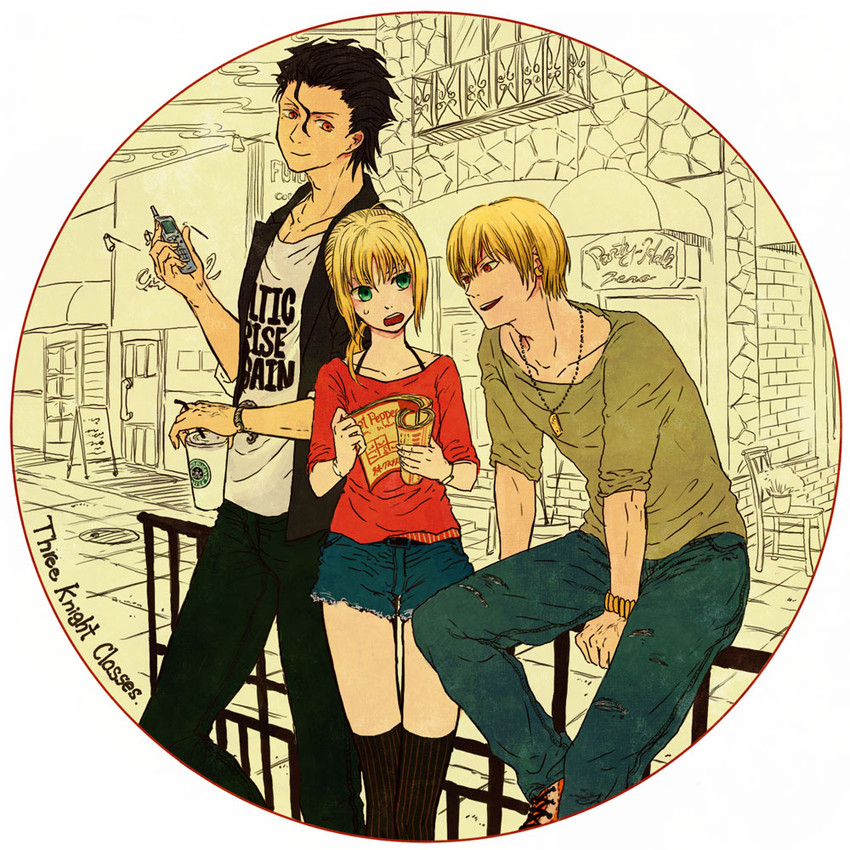 artoria pendragon, saber, gilgamesh, and diarmuid ua duibhne (fate and 2 more) drawn by teito_(yukitoki-tatsuhi)