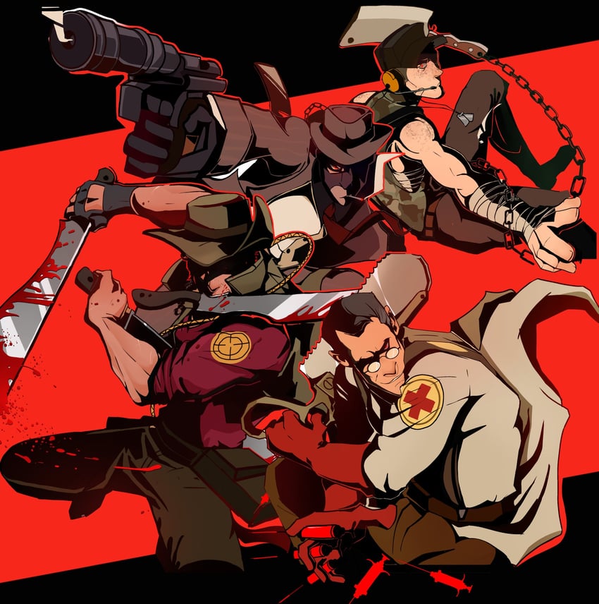 scout, medic, spy, sniper, red scout, and 3 more (team fortress 2) drawn by sev_(consultyourdr)