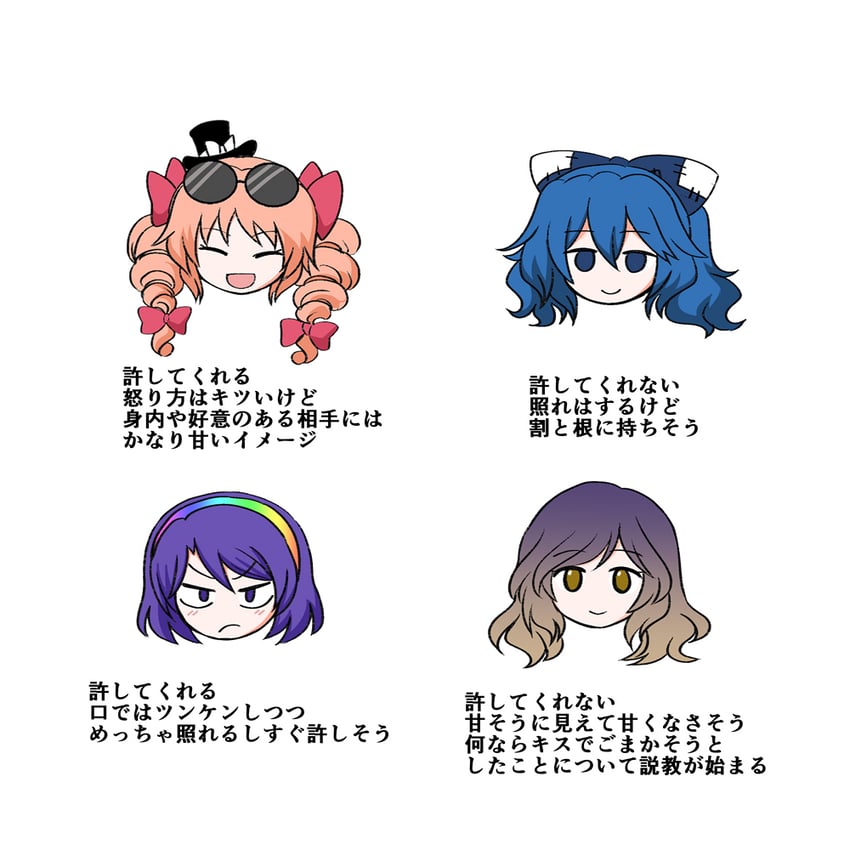 hijiri byakuren, yorigami shion, yorigami jo'on, and tenkyuu chimata (touhou) drawn by kiritani_(marginal)
