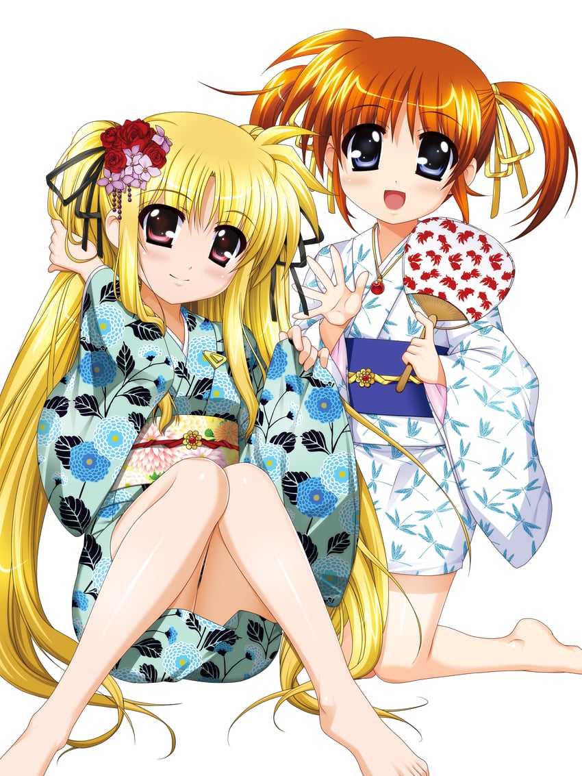 fate testarossa, takamachi nanoha, raising heart, and bardiche (lyrical nanoha) drawn by higa_yukari