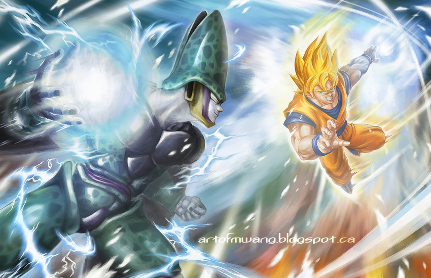 son goku, cell, and perfect cell (dragon ball and 1 more) drawn by mikael_wang