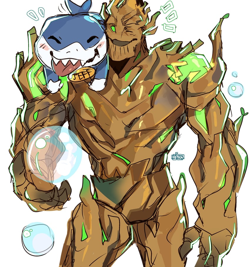 jeff the land shark and groot (marvel and 2 more) drawn by graysheartart