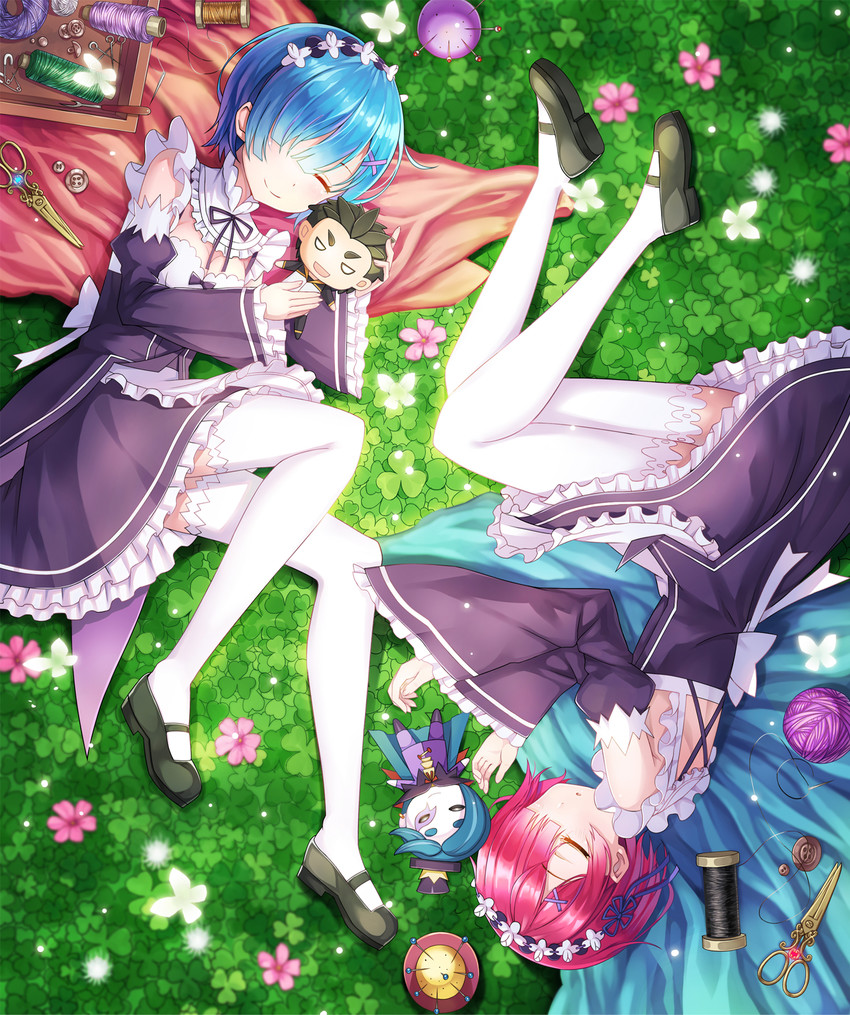 rem, ram, natsuki subaru, and roswaal l. mathers (re:zero kara hajimeru isekai seikatsu) drawn by ling_si