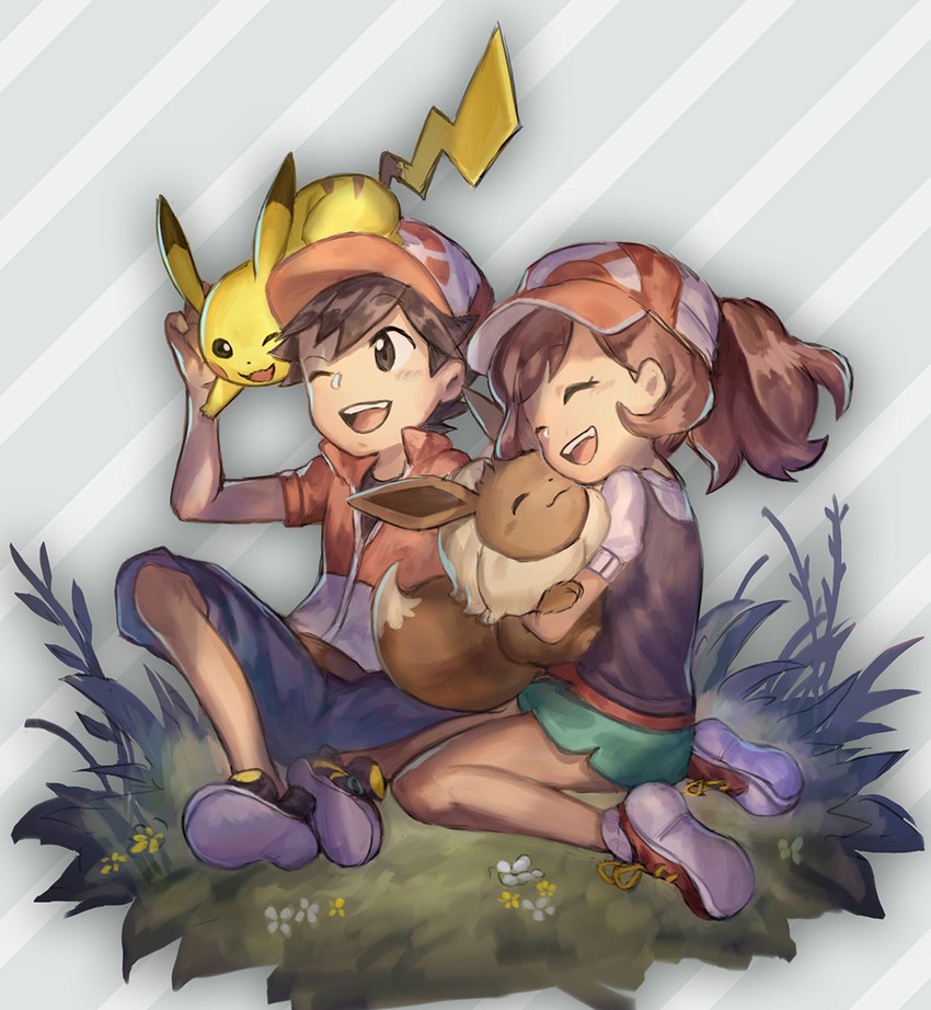 pikachu, eevee, elaine, and chase (pokemon and 1 more) drawn by emoillu