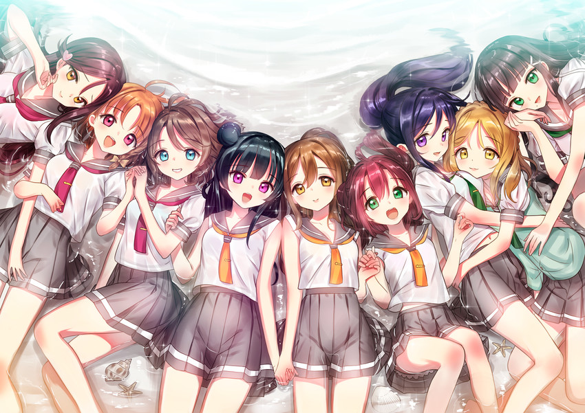 watanabe you, tsushima yoshiko, sakurauchi riko, takami chika, matsuura kanan, and 4 more (love live! and 1 more) drawn by tsukigami_runa